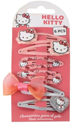 Hello Kitty 6 Piece Girls Hair Clips | Set of Pink Metallic Glitter, Decorative Bow and Original Designs Sanrio