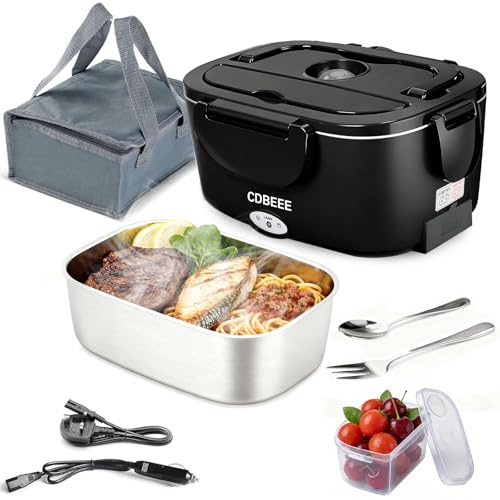 CDBEEE Electric Lunch Box Food Heater - 80W Fast Heating, 1.5L Heated Lunch Box Leak-Proof 304 Stainless Steel Portable Food Warmer, (12V/24V Car/Truck & 230V Home), Ideal for Work/Travel（Black）