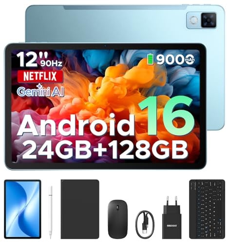 DOOGEE U12 Tablet con Tastiera Android 16, Tablet 12 Pollici, 24GB RAM+128GB/2TB TF, WIFI5, Gemini AI, 2000 * 1200 FHD+IPS, 9000mAh/18W, 13MP+8MP, UNISOC T7255 Octa Core/Widevine L1/Face ID/GPS, Blu
