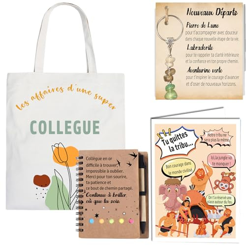 MKISHINE Cadeau de Départ Collègue – Tote Bag “Super Collègue”, Porte-Clés Cristal Nouveau Départ, Carnet & Carte – Idée Cadeau Départ du Travail, Mutation, Fin de Contrat