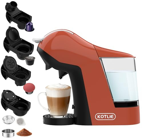 KOTLIE 5-in-1 Kaffeemaschine – Multi-Kapsel und Pulver, 3 Temp., 7 Wasserstufen,1L Wassertank EM-308B (orange)