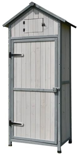 Hoher, schmaler Holz-Gartenhaus – Outdoor-Werkzeugschrank mit 3 Ablagen, kompakter Nizer für Gartengeräte, graue Aufbewahrungslösung, platzsparendes Design
