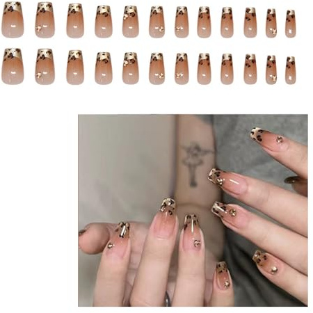 faux ongles French à Coller Manucure Court Amande 24pcs Femmes et Filles 3D orange Léopard press on nails Naturel Plein Couverture Nail Art Autocollants animal cool tendance