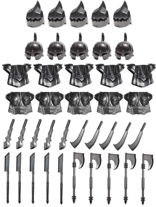 Quibuilds Mittelalter Rüstungs & Waffen Klemmbausteine Set, 40 Teile – Mittelalterliche, Römische, Griechische & Ägyptische Helme und Panzer, Sammlerstück und Display für Erwachsene, Geschenke