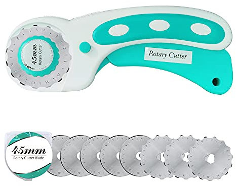 Cutter rotatif de 45 mm avec 9 lames supplémentaires, poignée ergonomique avec verrouillage de sécurité pour tissu, cuir, artisanat, couture, matelassage, tissu, parfait pour main gauche et droite