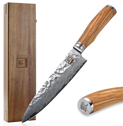 zayiko Minami Premium Guyto Chefmesser mit 20 cm Klinge gefertigt aus 67 Lagen echtem Damaststahl mit Hammerschlag und Olivenholzgriff I Holzbox I Damastmesser Küchenmesser und Profi Kochmesser
