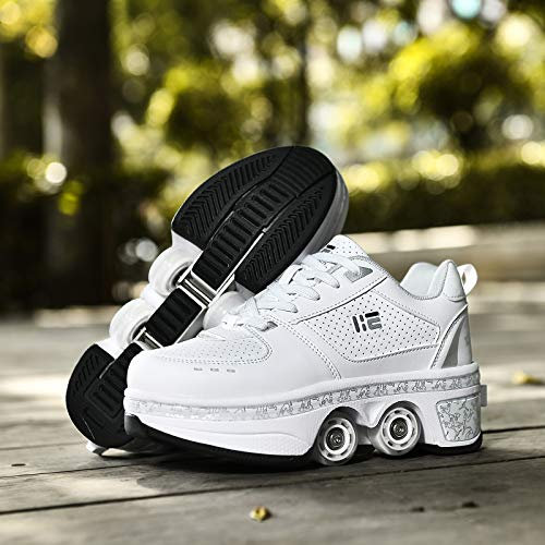Skates Lauflernschuhe, 2 In 1 Sneakers Mit Rollen,Inline-Skate,Verstellbare Quad-Rollschuh Stiefel,White-EUR40