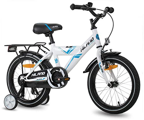 HILAND 16 Zoll Jungen Kinderfahrrad für Jungen ab 4 Jahren mit Rücksitz/Gepäckträger, Handbremse und Rücktritt weiß/blau