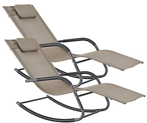 [en.casa] Set de 2X Tumbona Mecedora Caracena 147 x 63 x 89 cm Asiento para Relajar y Tomar el Sol Balancín para Jardín Terraza Balcón Silla con Cojín para Cabeza Beige