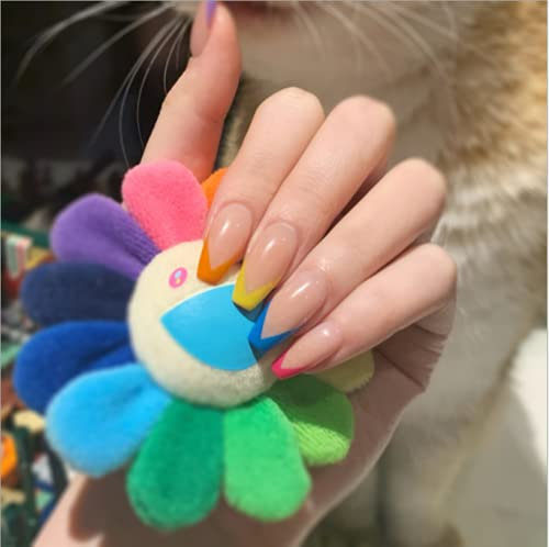 SJOAUET Coffin False Nails with Glue Stickers, Multicolor Medium Fake Nails, 24PCS Glossy Nude Short Ballerina Acrylic Press On nails, Rainbow Red Pink Yellow Stick On Nail for Women Girls No Glue