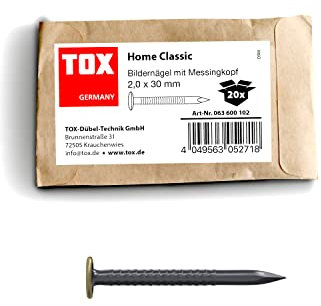 Clous à images Home Classic TOX en acier trempé avec tête en laiton dans un emballage en papier recyclable, taille 2,0 x 30 mm, clous en acier pour images pour presque tous, 20 pièces, 063600102