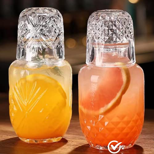 Mfacoy Bedside Water Carafe & Glass Set, 17 OZ Pitcher & 5 OZ Cup, Vintage Glass Night Carafe with Cup for Bedroom