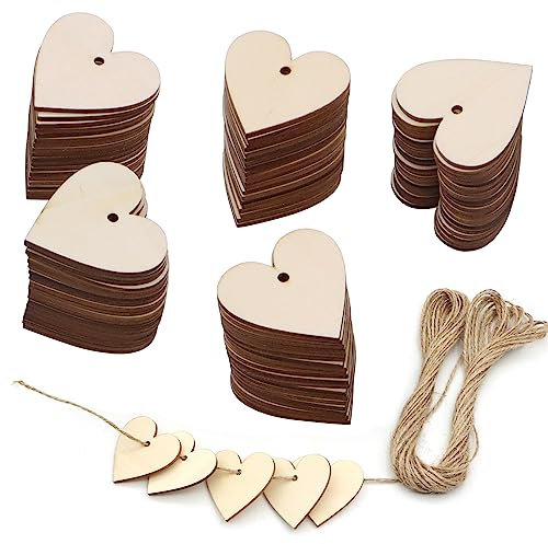 ZOCONE 100 Stück Holzherzen Deko Holzherzen Scheiben Deko Mit Löchern 40mm Holzanhänger Herz Mit 10m Juteschnur Hölzerne Hochzeit Deko Garten Für Tischdekoration Dekoration DIY Handwerk Ornament