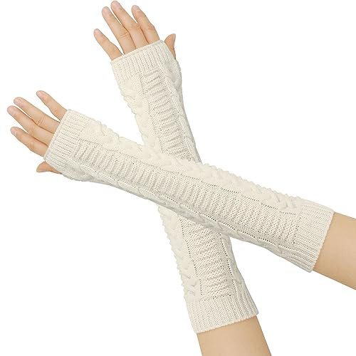 SUNTRADE Fingerlose Handschuhe für Damen, Winter, gestrickt, Daumen, Ellenbogen, Armstulpen (Weiß)