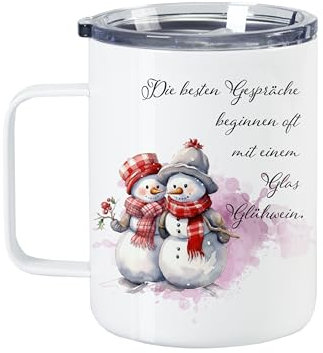 GRAZDesign Glühweinbecher mit Deckel Frohe Weihnachten, Weinachten Thermobecher Edelstahl 350ml (Schneemänner, 350ml)