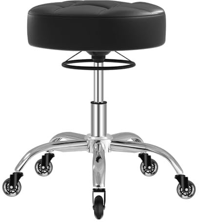 Rollhocker,Hocker höhenverstellbar mit ringheber,Dicker Schaumstoff für weichen Komfort,Stuhl mit rollen 360°,Arbeitshocker bis 180 kg belastbar, Drehhocker für Salon Spa und Haushalt(Schwarz)