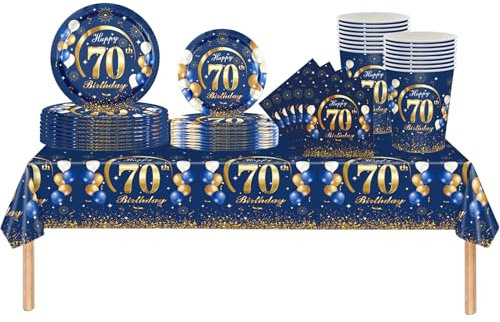69pcs Navy Blue Gold 70th Birthday Decorations Set - Tablecloth, Plates, Napkins, Cups for Women, Men, Him, Her - Party Gifts