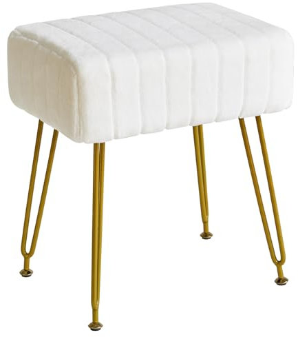 IBUYKE Velvet Rechteckiger Fußstützenstuhl Ottoman, Make-up Eitelkeits Hocker Beistelltisch, Samt Schminktisch Sitz, Pouf Couch Hocker, Goldene Stahlbeine, weiß L/G-51W