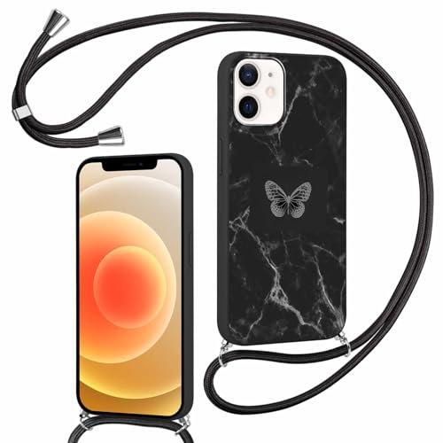 ZhuoFan Handykette für iPhone 12 Pro/iPhone 12 Hülle mit Band, Aesthetic Schmetterling Marmor Muster Verstellbarer Halskette Handyhülle mit Kordel Schwarz Silikon Stoßfest Schutzhülle mit Kette