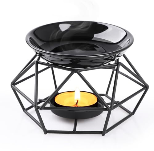 Bighan Duftöllampe Teelicht, Duftlampe aus Metall, Aromalampe Teelichthalter mit Keramik Schale, Duftlampe für Ätherische Öle B - Schwarz 2