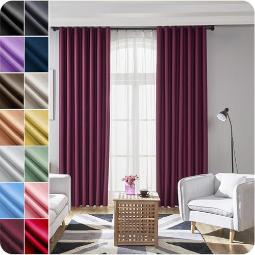 NINGBAI Verdunklungsvorhänge mit Öse 120 x 140 cm Einfarbige/Winter Extra Warm/Modern Modern Schlaufenschal/Ösenschal Vorhang für Wohnzimmer, Weinrot