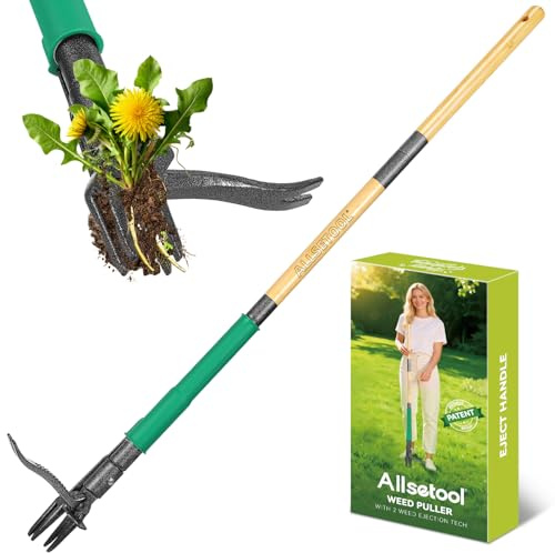 Allsetool Désherbeur Manuel avec 2 Éjecteurs de Mauvaises Herbes, 1.1m Arrache Pissenlit, Manche en Bambou Véritable, 4 Griffes en Métal et Pédale, Outillage de Désherbage pour Le Jardin