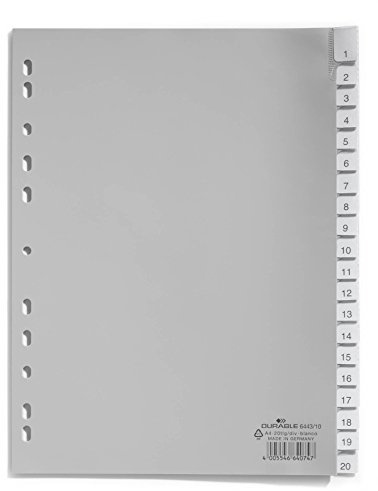 Durable 644310 A4 Portrait Polypropylene A-Z Index File with Sealed Tabs and 20 Insert Labels - Grey