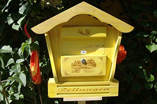 Briefkasten mit Holz - Deko HBK-SD-GELB aus Holz hell amazon gelb Insekten zitronengelb neon neongelb mit Holzdach nicht nur für Passivhaus und Bio-Haus Briefkästen Holzbriefkästen Postkasten Spitzdach