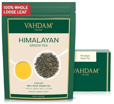 VAHDAM, Himalayan Grüner Tee (100 g) 100% reiner Grüntee aus dem Himalaya | Glutenfrei | Direkt von der Quelle in Indien | Heißen/Eistee aufbrühen | Grüner Tee Lose