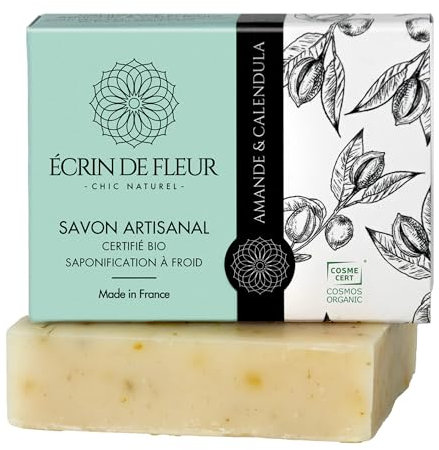 ÉCRIN DE FLEUR Feste Mandelseife BIO-zertifiziert, Handgemacht in Frankreich mit Süßmandelöl gemischt mit Ringelblumenblüten, 90g