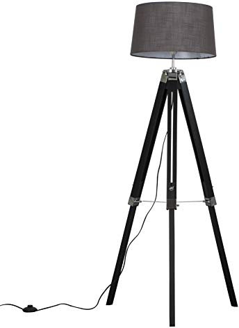 MiniSun | Modern Black Wood and Silver Chrome Tripod Floor Lamp with a Grey Tapered Shade | Floor Lamps & Torchieres, Home Décor & Improvement Essential | Includes 6W LED E27 Light Bulb