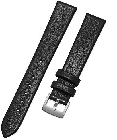 EnjoyMSS Ultradünnes Uhrenarmband aus echtem Leder, Rindsleder, Ersatz-Uhrenarmband (schwarz, 16 mm)
