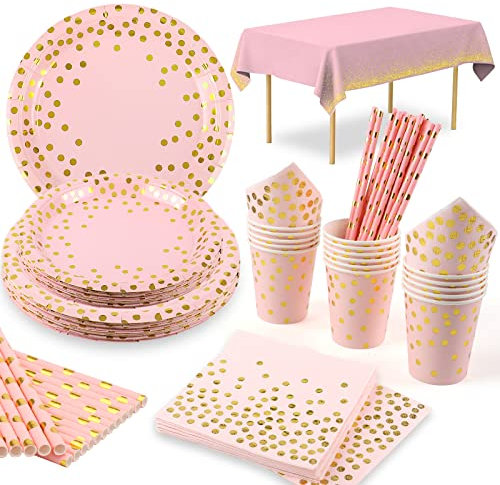 16 Invités Assiette Jetable Rose et Or Assiette Carton Rose Serviettes Gobelet Paille Nappe Fête 1er 13e Anniversaire Baby Shower Fille Engagement Mariage Douche Nuptiale D‘Or Vaisselle Jetable Rose