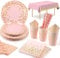 16 Ospiti Set Piatti Biodegradabili Rosa Oro Bicchieri Tovaglioli Cannucce Tovaglia per Festa Compleanno 13 Anni 1 Anno Baby Shower Girl Anniversari Fidanzamento Doccia Nuziale Piatti Carta Rosa