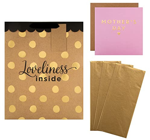 Hallmark Geschenkpapier und Kartenpaket zum Muttertag – 1 Muttertagskarte, 3 goldene Seidenpapierbögen und 1 große Geschenktüte in modernen Gold-Designs, Rosa und Gold