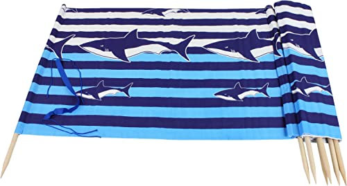 Brise-vent plage longueur 8 m en bandes blanches, bleu marine et bleu avec requin et bandoulière