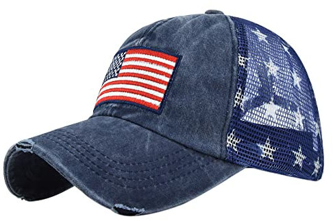 YULOONG Vintage Half Mesh Baseball Cap Stickerei USA Flag Stars Washed Denim Trucker Cap Cotton Sun Hat Adjustable Unisex Blau
