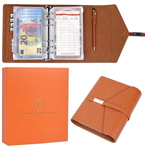 A6-Ordner mit Budget-Umschlag, 12 Budget-Zettel, Dokumententasche mit transparenten Taschen mit Reißverschluss, Budget-Terminplaner, Budget-Zettel (braun)