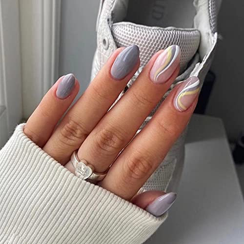 24PCS Short False Nails with Glue Stickers,Coffin Full Cover Acrylic Press on Nails no Glue, Purple Grey Yellow Wave French Fake Nails for Women and Girls Nail Art.