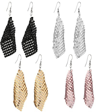 Eigso 4 Stück Pailletten lange Tropfen Ohrringe für Frauen Männer Raster Mesh Mode Charme Quaste Ohrringe Schmuck Idee Geschenk
