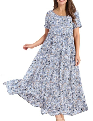 YESNO Women Dresses Casual Plus Size Bohemian Short Sleeve Floral Long Maxi Summer Beach Swing Dress/Pockets S EJFUK CR347