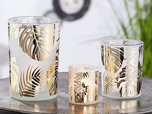 GILDE Windlicht Ginkgo Glas goldfarben, weiß 40645