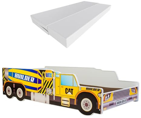 KOBI Kinderbett Auto Fahrzeug Auto | Betonmischer LKW Rührwerk | Kinderbett Jungen Mädchen | mit Lattenrost und Matratze | Hüttenbett mit Barriere (Kipplaster, 160x80)