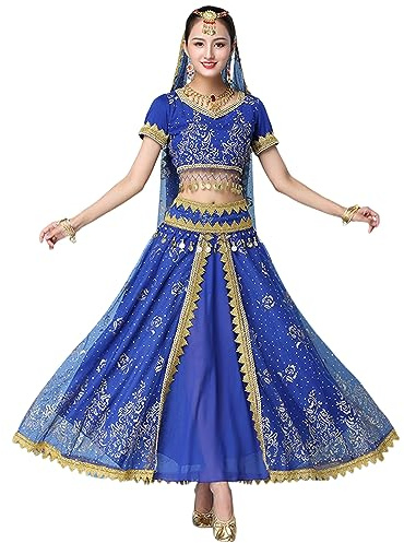 OTMYIGO Vestido de Bollywood, Disfraz de Adulto, Conjunto de Danza India para Mujer, Ropa de Sari para Danza del Vientre, Ropa de actuación de Baile, Conjunto de Falda de Gasa