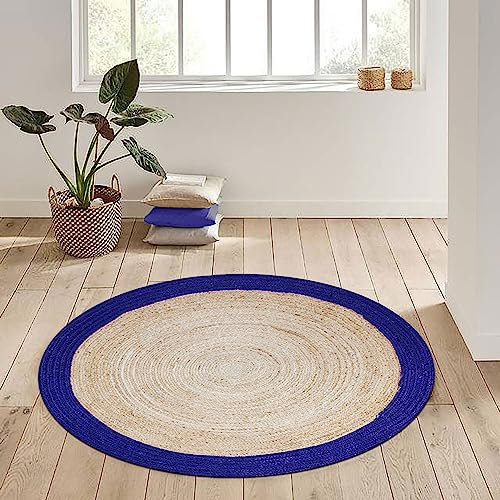CASAVANI Collection Circle Area Rug – 152 cm runder blauer natürlicher geflochtener Jute-Teppich, geometrischer Kelim-Teppich, für drinnen und draußen, Matte, Flachgewebe-Teppiche für Schlafzimmer,