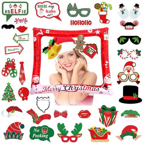 37 Stück Weihnachten Foto Requisiten und Aufblasbare Fotorahmen, Neuheit Selfie Photo Frame, DIY Fotoaccessoires für Weihnachtsfeiern Dekoration