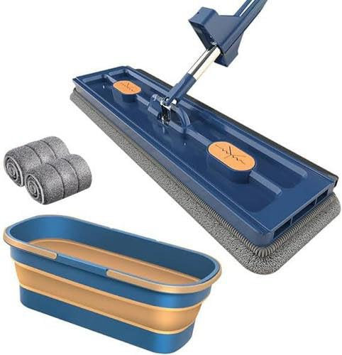 flachmopp Set mit Eimer - großer flachmop wischmopp mit auswringfunktion - großer flachmopp Eimer - 360 Grad drehbar - mit 2 waschbaren Mikrofaser-Pads
