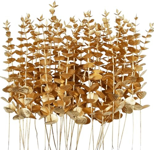 TGANNYOCR 36 Pcs Gold Artificial Eucalyptus Stems 15'' Faux Eucalyptus Leaves Decor Fake Greenery Branches for Xmas branchs Decor Wedding Bouquet Centerpiece Flower Floral Arrangement Home Decoration