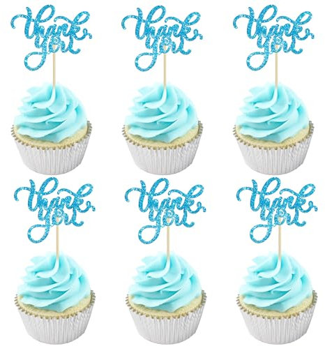 24Pcs Thank You Cupcake Toppers Glitter Thankful Cupcake Picks for Birthday Anniversary Thanksgiving Day Wedding Bridal Shower Party Cake Decorations Supplies Blue
