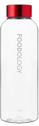 FOODOLOGY Water Bottle (Red, 16.9fl oz) - Leak Proof, Lightweight, Durable Sports Water Bottle. Reusable for Gym, Outdoor, Travel. BPA Free, Clear Beverage Container with Marker. Juice, Smoothie.